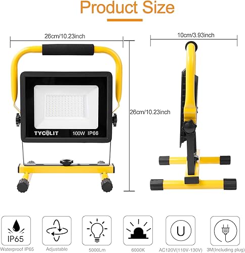 Faretto LED da Cantiere 100W,Faretto LED Portatile con Cavo di Alimentazione da 300cm e Spina,6500K Bianco Lampada LED Esterni,Faro Luce LED Portatile Impermeabile IP66 per Garage, Giardino, Cantiere - Honorern