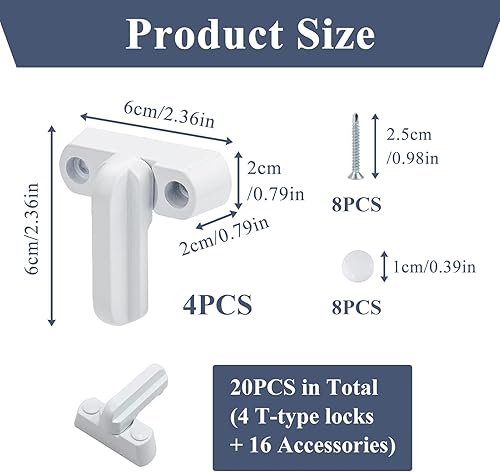 4 Pezzi Chiusura di Sicurezza per Porta Finestra, Sash Jammer Serrature Blocchetti per Finestra, Chiusura in Lega di Alluminio, Limitatori di Apertura Adatte Porte e Finestre in PVC U Legno Composito - Honorern