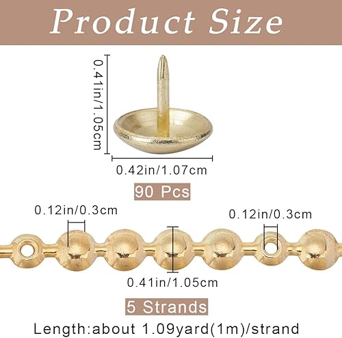 5m Strisce di Puntine per Tappezzeria 10.5mm Metallo Ferro Testa Rotonda Finiture Lucide Decorative per Chiodini con 90 Pezzi Chiodini per Tappezzeria Puntine Allentanti per Divani Sedie - Honorern
