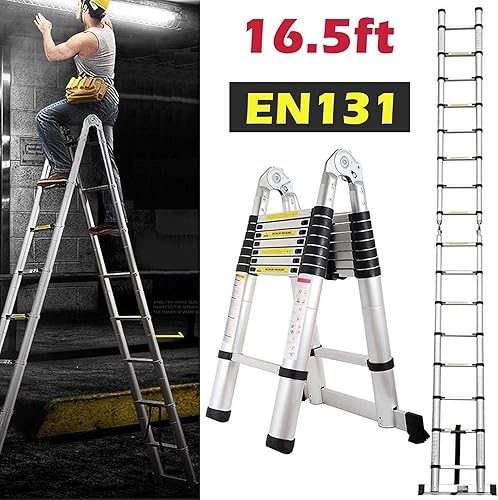 5M Scala Telescopica in Alluminio, Scala Retrattile pieghevole, Capacità 150kg, Nero E Argento - Honorern