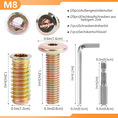 Inserti Filettati m8 x 25mm Boccole Acciaio Zincato Filettate e Viti a Testa Piatta per Legno con Chiavi a Brugole per Mobili Ferramenta (M8 X 25MM) - Honorern