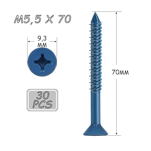 Viti per calcestruzzo a testa svasata con impronta a croce M5,5 x 70, 30 viti per calcestruzzo zincate con punta per trapano e vite per muratura, cemento, architettura, industria (blu) - Honorern