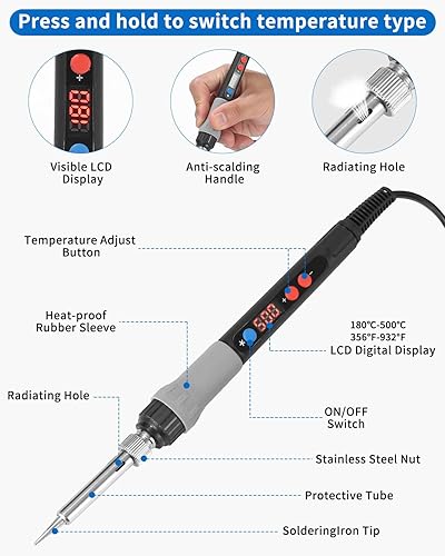 Saldatore a Stagno, Saldatore Kit 110W,Temperatura Regolabile180 ℃-500 ℃ Stagnatore Elettrico,Stagnatore Elettrico con ON/OFF con 5 Punte di Saldatura,per Saldatore per Saldature di Riparazione - Honorern