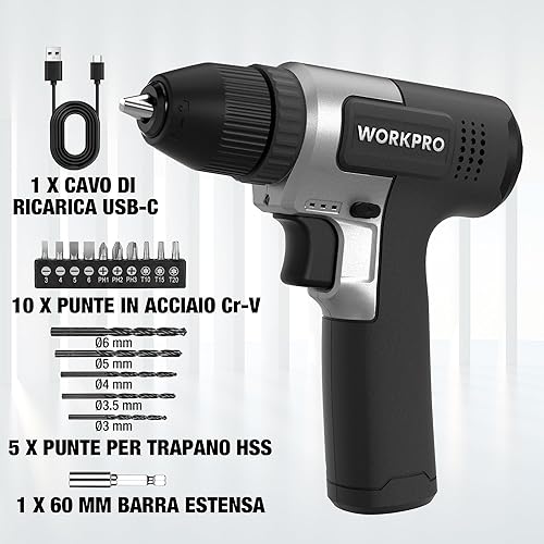 WORKPRO Trapano a Batteria 8V, Trapano Elettrico con Mandrino da 10 mm, Cacciavite Elettrico, Cacciavite con Velocità Variabile, Cacciavite Ricaricabile Tipo C, con 15 Accessori, Nero - Honorern