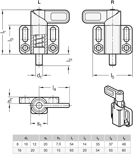 GN 722.3-8-20-L-SW - Chiavistello a molla, nero, curva di bloccaggio sinistra: 8 mm - Honorern