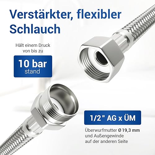 Tubo corazzato, 70 cm, flessibile, con dado di raccordo da 1/2' e filettatura esterna, tubo per acqua potabile, con intrecciatura in acciaio inox - Honorern