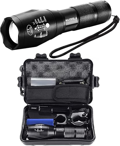 Torcia LED Potente Professionale, 2000 Lumen Torcia LED Potente, Torce LED Alta Potenza con 18650 Ricaricabile Batteria 5 Modes, Zoomable, IP65 Impermeabile, nero - Honorern