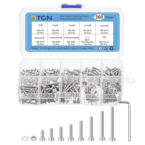 DTGN 360pz Assortimento Viti Metriche, M2.5 Kit Bulloni Dadi, Acciaio Inossidabile 304 M2.5x4/6/8/10/12/16/20/25mm Set Bulloni per Viti Testa Esagonale con Rondella Chiave Inglese - Honorern