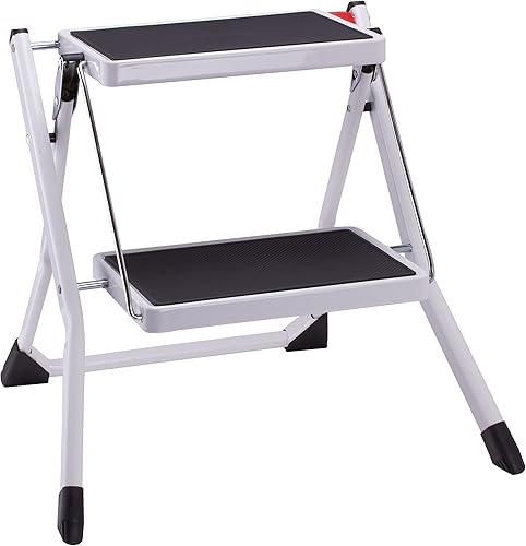 MSV, Sgabello a 2 gradini, Pieghevole, Sgabello leggero, Acciaio, Max 150 kg, Rivestimento antiscivolo dei gradini, Piedini in gomma, Compatto, 48x37x57 cm, Nero - Honorern