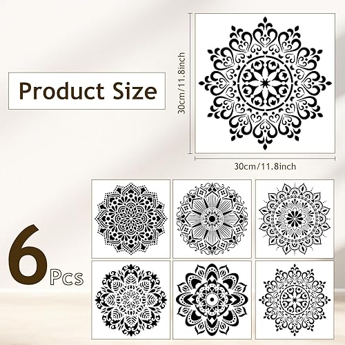 6 stencil per mandala, riutilizzabile, per modelli di pittura fai da te, stencil per decorazione da parete, pavimento, piastrelle (30 x 30 cm) - Honorern