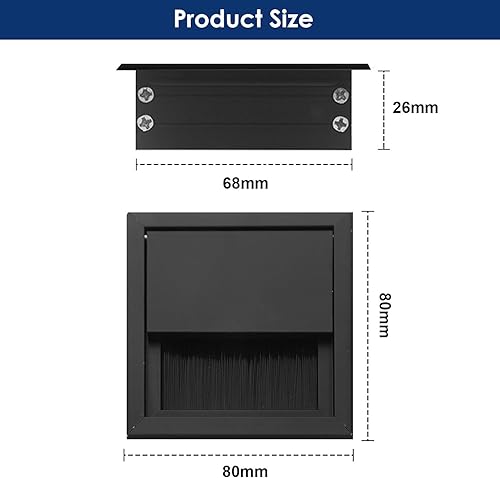 Passacavi Scrivania 2 Pezzi 80mm x 80mm Passacavo Rettangolare Accessori da Scrivania in Lega di Alluminio con Guarnizione a Spazzola Uscita Cavo per Tavolo Da Scrivania Del Computer(Nero) - Honorern