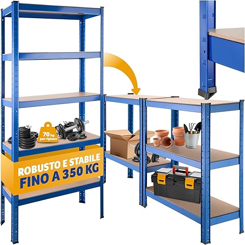 Scaffale in Metallo a 5 Ripiani, Scaffale Salvaspazio, Scaffale Metallo Garage Regolabile, Trasformabile, Ideale per Magazzino, Ripostiglio, Ufficio, Capacità di Carico 350 kg - Blu - Honorern