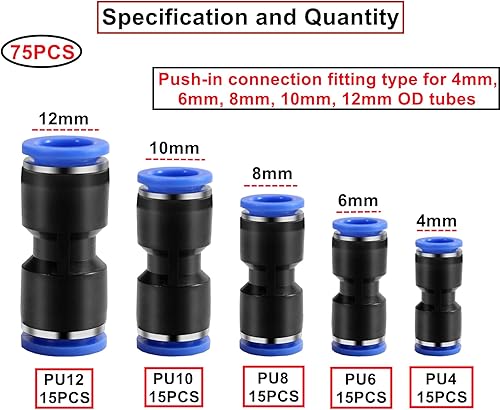 75 connettori pneumatici dritti, attacchi rapidi ad aria spinta, raccordi pneumatici push in attacco rapido, connettore per tubo dell'aria (PU4/6/8/10/12 mm) - Honorern