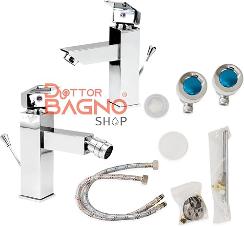 Set 2 rubinetti miscelatore lavabo e bidet quadrato moderno completo di piletta, rubinetto bagno quadrato in ottone, rubinetti bagno quadrati lavabo e bidet, stile moderno - Honorern