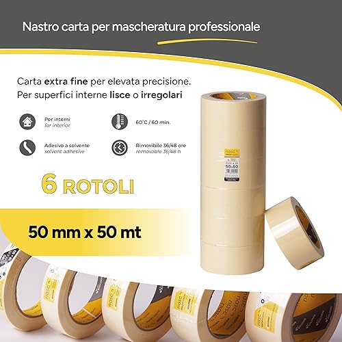 Torre da 12pz di nastro carta per mascheratura, verniciatura. Alta qualità, non lascia residui 25mm x 50m - Honorern