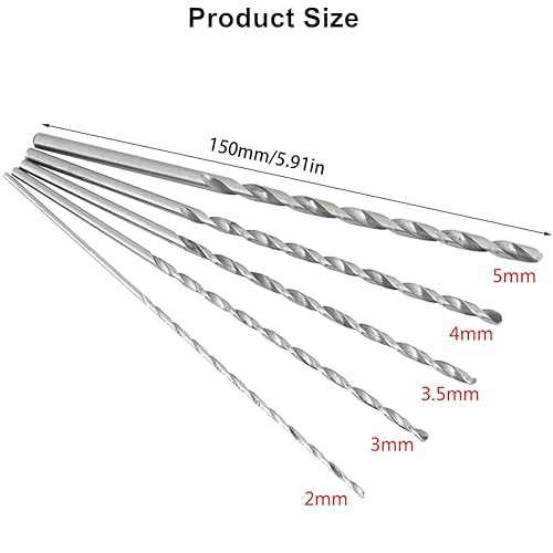5 Pezzi Set di punte per legno, Punte Elicoidali Extra Lunghe da 150mm, Set Punte Trapano con Gambo Dritto HSS Utensile da Taglio per Legno, Plastica e Alluminio (Diametro 2/3/3,5/4/5mm) - Honorern