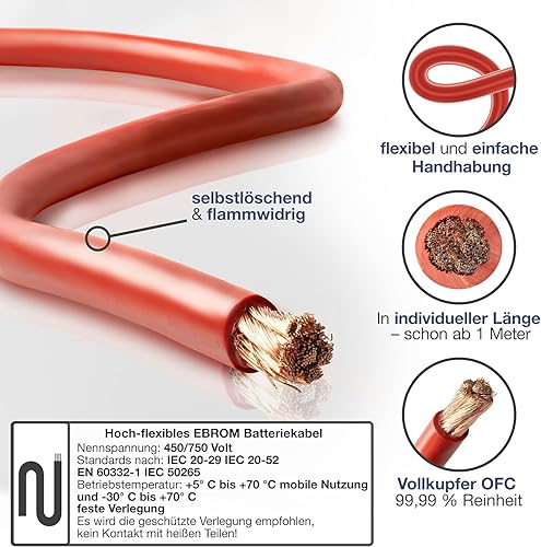 EBROM Cavi per batteria Hi-Flex (Hi Flex) da 25 mmq, vendita al metro, e nero, molto flessibile, guaina in PVC (70 ± 5 Shore), 100% rame OFC, cavo di avviamento, ricarica o funzioni simili - Honorern