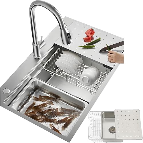 Lavandino Cucina, Vasca Singola, Multifunzionale Lavello Cucina In Acciaio Inox 50 Cm Di Larghezza, Lavabo Da Incasso Fatto A Mano, Con Filtro,sifone E Set Di Drenaggio(Silver-#B,70x50cm) - Honorern