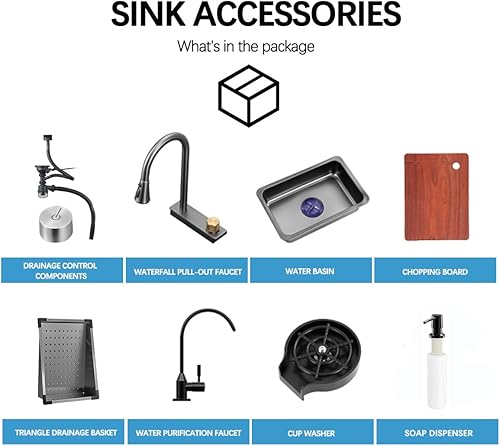 lavandino cucina, grigio scuro 304 in acciaio inox lavandino a cascata, lavandino cucina multifunzione con rubinetto estraibile e altri accessori (80x45cm) - Honorern