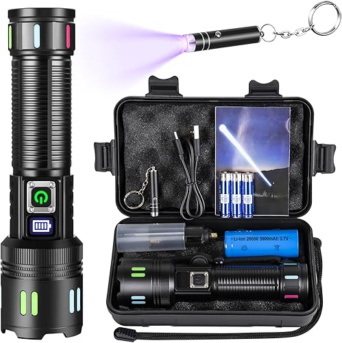 Torcia LED Potente Professionale 500000 Lumens, Torcia LED Ricaricabile USB, Torce LED Alta Potenza Ricaricabili 5000mAh, Zoomabile IPX7 Torcia Militare per Campeggio Emergenza Trekking - Honorern
