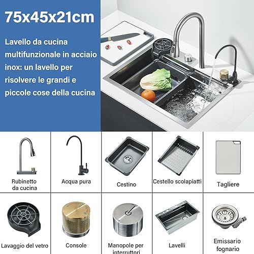 Lavello da Cucina con Display Digitale, Lavello da Cucina in Acciaio Inox, Grigio Canna di Fucile (75 cm X 45 cm)，con Lavatazze e Dispenser di Sapone - Honorern