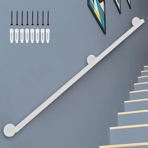 Hamankim Corrimano per Scale da 30 cm-600 cm, Supporto per Binario per Loft Domestici 200 kg - Kit Completo, corrimano in Ferro battuto in Metallo Bianco, Facile da installare(80cm) - Honorern