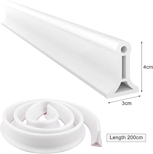 Striscia protettiva per doccia autoadesiva, 2 m, in silicone, per bagno e cucina, WC, barriera all'acqua, può essere tagliata e piegata (bianco, 200 cm x 4 cm x 3 cm) - Honorern