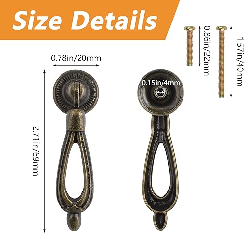 Pomelli vintage intagliati per armadietti, 6 pomelli a goccia in lega di zinco, maniglia a foro singolo per armadi, armadi, cassetti, porte, mobili decorativi (bronzo) - Honorern