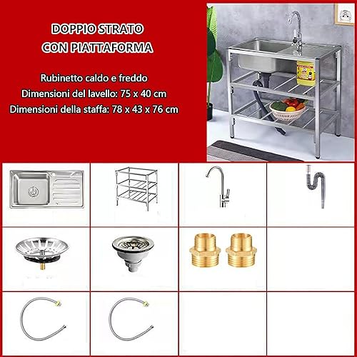 Lavandino da esterno a libera installazione,Inossidabile con il Rubinetto Girevole 360°, tavolo da preparazione con console e supporto,Facile da pulire,per Garage, Cucina. (Size : Single layer) - Honorern