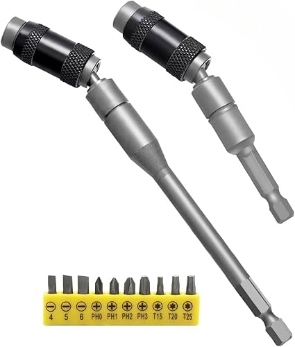 2 Pezzi 1/4' Portapunte Magnetico Flessibile, 90 mm*1+145mm*1 Portapunte Girevole, Portapunte Magnetico con 10 Pezzi Punte Lunghe 25mm, Prolunga per Punte da Trapano per Spazi Stretti o Angoli - Honorern