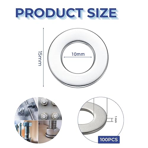 eupdd 100 Pezzi Rondelle Acciaio Inox: M10×15mm×1mm Rondelle Piane, Rondelle in Acciaio Inossidabile, Rondelle Alzaporta, Piatto Rondelle, Rondelle Piatte per Vite Bullone, Automotive Riparazione - Honorern