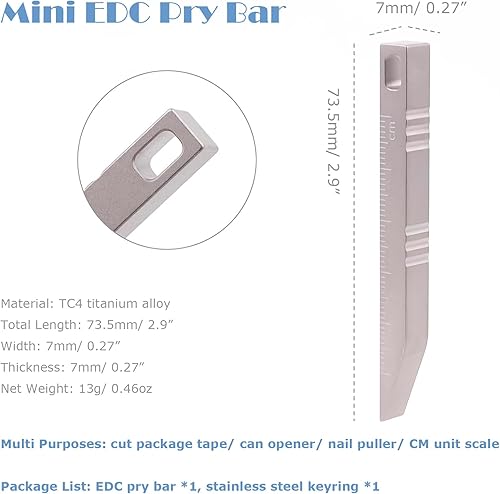 EDC Pry Bar Mini Titanium EDC Pry Bar Gear Portachiavi con CM Unit Scale Pacchetto/Apriscatole per il trasporto quotidiano - Honorern