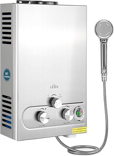 Scaldabagno istantaneo a propano senza serbatoio, 1,6 GPM, 7L, portatile, per uso esterno in camper, roulotte, cabine, fienili, punto d'uso, argento - Honorern