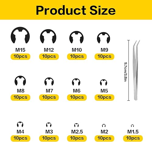 Set di 500 anelli di tenuta esterni, anelli di fissaggio esterni, anelli di sicurezza per apertura a scatto, clip di fissaggio interne esterne in acciaio al carbonio nero, M1.2-M15 - Honorern