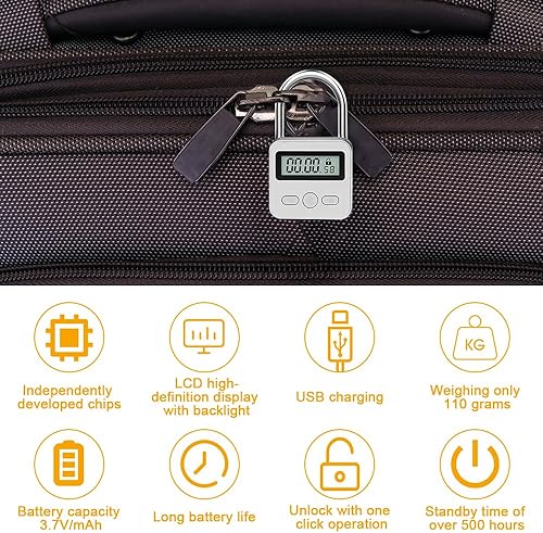 mizikuu Smart Time Lock, Lucchetto Smart con LCD Display Blocco Tempo Massimo 99 ore Lucchetto Timer Temporaneo Ricaricabile USB Lucchetto Digitale per Studio, Lavoro,Palestra, Bianco - Honorern