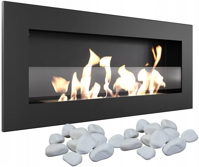Delta Slim Caminetto a bioetanolo + ciottoli 2 kg | Installazione a parete o ad angolo, con vetrificazione l Biocontenitore 0,4 l, certificato TÜV | Acciaio, 40 x 90 cm, nero - Honorern