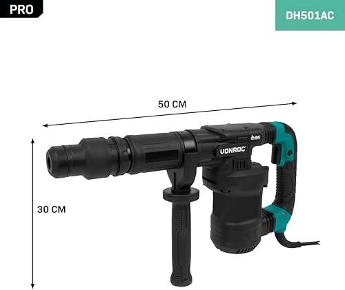 VONROC PRO Martello demolitore 1200W - 6kg - Impatto: 14 Joule - Velocità di impatto: 3100 p/m - Cavo da 5 metri – Include impugnatura laterale, scalpello a punta, scalpello piatto e lubrificante - Honorern
