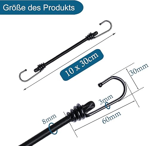 Set di 10 elastici con ganci, 30 cm, colore nero, per bagagli, per tipi di bagagli, per giardino, bicicletta, auto, carico (30 cm x 10 pezzi) - Honorern