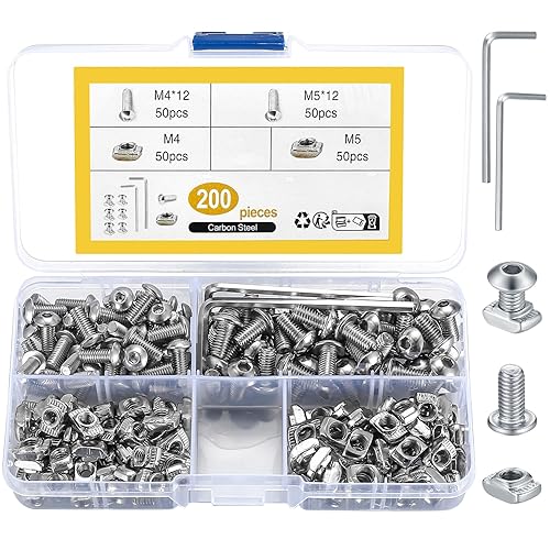 200 Pz Set di Dado a T M4 M5: 100 Pz Dadi a T M5 M4 e 100 Pz Viti Barre Filettate Vite Esagonale, Dado Scanalato a T con Scanalatura 4 e Scanalatura 5 per Profilo in Alluminio Serie 2020 - Honorern
