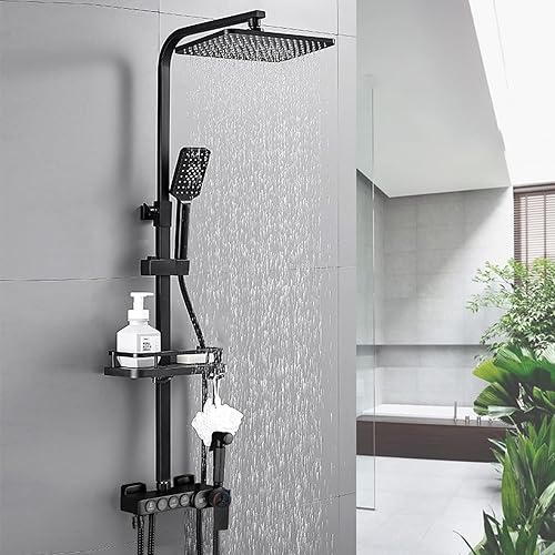 Doccia Termostatica con Display Digitale, Set Colonna Doccia a 4 Modalità in Rame, Soffione a Pioggia Quadrato per Bagno 290 * 190 mm Altezza Regolabile (A, Nero) - Honorern
