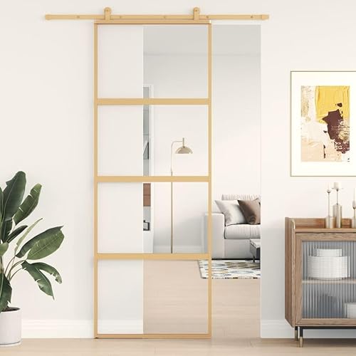 Porta,Scorrevole,con Set Binario,Kit Montaggio,in Vetro ESG e Alluminio,Oro e Trasparente,102,5x205 cm,Set Porte Sorrevoli con Kit Binario,Porta Scorrevole in Vetro e Alluminio - Honorern