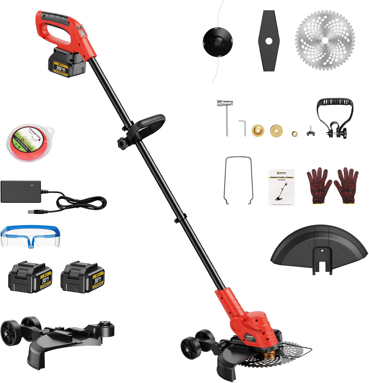 Tagliaerba a batteria da 1000 W, senza spazzole con 2 batterie da 4000 mAh, decespugliatore da 24 V, con 3 tipi di lame, tagliabordi, diametro di taglio 30 cm (rosso) - Honorern