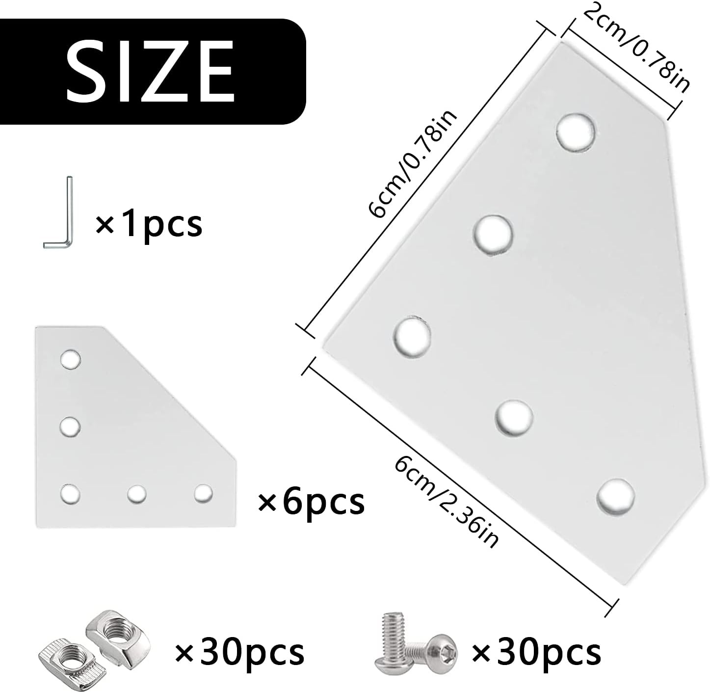 Collegamento Angolari a Forma di L 6 Pz Piastra di Collegamento L 3030 con viti M6 e dadi a T M6 Piastre di Collegamento Angolari Standard da 6 mm Lega di Alluminio per Stampanti 3D - Honorern