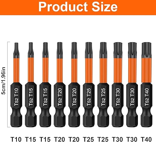 Set di Punte Torx Per Cacciavite, 10 Inserti Per Cacciavite Torx Lunghi 50 Mm Con Albero Esagonale da 1/4” e Memoria Di Base, T10/T15/T20/T25/T30/T40 Set di Inserzioni Elementari - Honorern