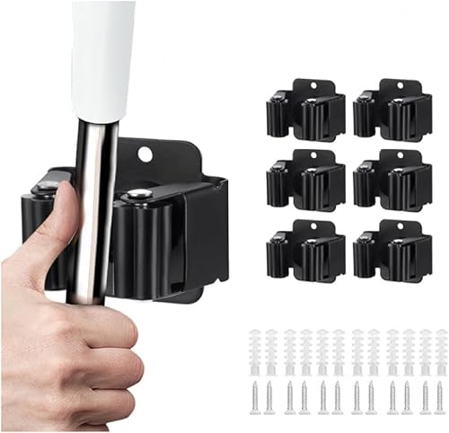 6 supporti per scopa da parete, con vite, in acciaio inox ad alte prestazioni, mocio e porta scopa, per la pulizia della biancheria, bagno, cucina, garage (nero) - Honorern