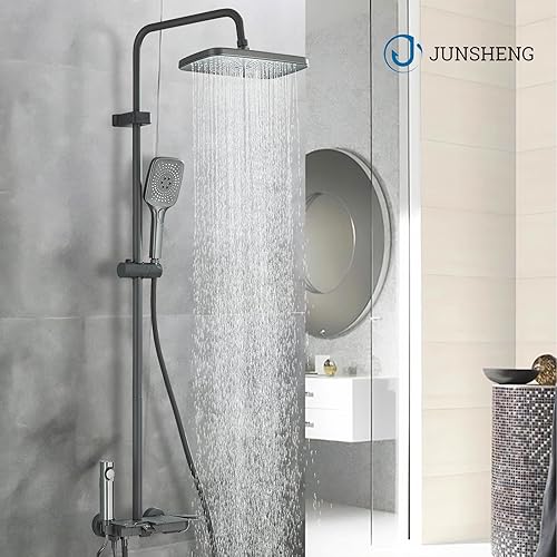 Set Doccia, Asta Doccia Regolabile in Altezza, Colonna Doccia per Soffione da 8', Colonna Doccia Nnera (con Ripiano) - Honorern