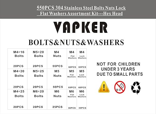 Kit assortito di viti, bulloni, dadi, guarnizioni piatte e rondelle, 550 pezzi, in acciaio inossidabile, a testa piatta esagonale M4, M5 e M6 - Honorern