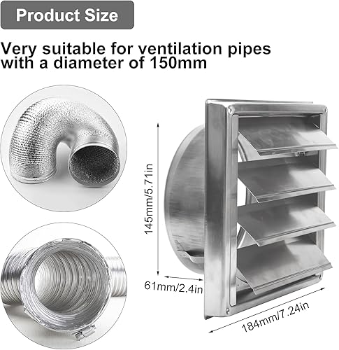 Valvola di ritorno, 150 mm, griglia di ventilazione con valvola antiritorno, griglia di protezione dalle intemperie, in acciaio inox con lamelle mobili, griglia di ventilazione per - Honorern