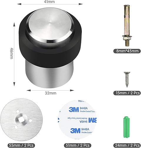 TEESIN 2 fermaporta rotondo in acciaio inox da 32 mm, fermaporta da pavimento, distanziatore per fissaggio a pavimento, montaggio a pavimento o a parete, gomma per evitare danni a porte e pareti - Honorern