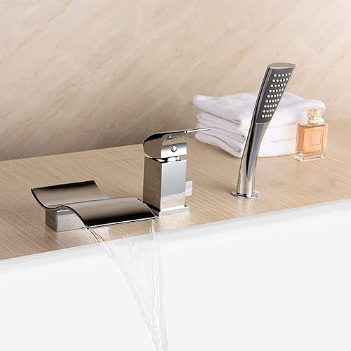 Rubinetti, miscelatore bordo vasca da bagno rubinetto a 3 fori montaggio cascata sistema doccia bagno con doccia a mano cromato montaggio vasca bagno bagno cucina lavabo pressurizzare - Honorern